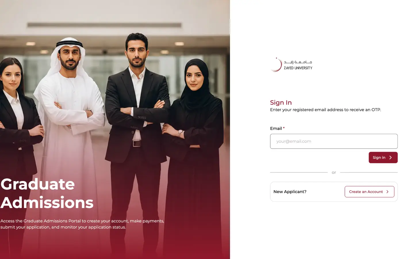 Zayed University Graduate Admissions Portal, the top of the website